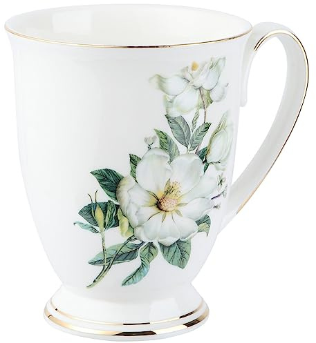 HEMOTON Gold Rim Bone China Mug 11Oz Fine Porcelain Coffee Cup with Floral Pattern Ergonomic Handle for Home Office Tea Cappuccino