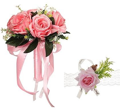 XIZHI Bouquet da sposa con fiore di rosa artificiale da polso, per damigella d'onore, nastro di seta sintetica, per matrimoni, San Valentino, feste, balli scolastici (rosa)