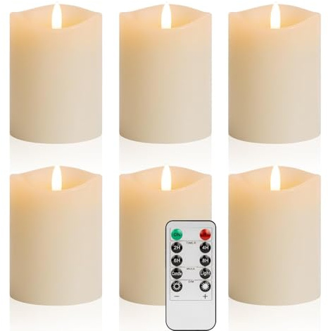 COVEGE 3x4 Inch Battery Operated Candles with Remote, Flickering Flameless Candles with Timer, Real Wax LED Candles for Lanterns Fireplace Dinner Table Centerpieces, Set of 6