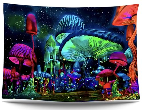 Ulticool – Estrellas de hongos – Tapiz Glow in the Dark – Luz Negra Baja UV Reactiva Bright Black Neon – Paño Psicodélico que Brilla en la Oscuridad 200 x 150 cm