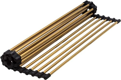 Strictly Sinks Stainless Steel Roll Up Dish Drying Rack Gold 17 Inch Over The Sink Foldable Multipurpose Kitchen Dish Rack (17-3/8 x 13 x 3/8)