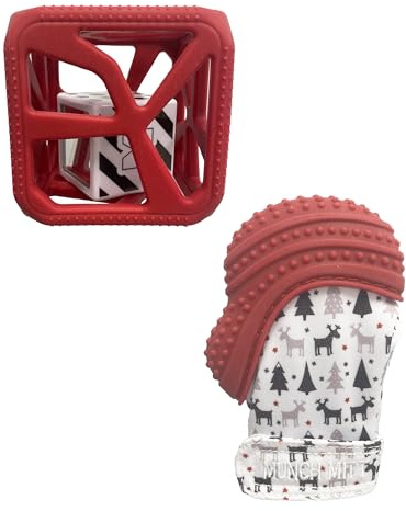 Malarkey Kids Holiday Gift Pack: Munch Mitt and Chew Cube Duo - Perfect Teething Treats for Babies and Toddlers - Red