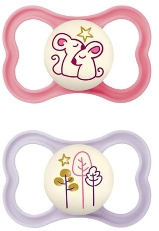 MAM Air Night Succhietto 6-16 Mesi (Set da 2), Ciuccio MAM 6-16 mesi che si illumina al buio per pelli sensibili, Kit da 2 accessori neonato con tettarella in silicone e porta ciuccio, Rosa & Viola