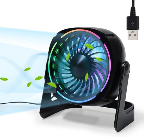 Litake USB Tischventilator RGB, Kleiner Φ15cm Leiser Mini USB Ventilator mit 8 Lichtmodi & 3 Geschwindigkeiten 360° Drehung 152cm Kabel Tragbarer Schreibtischventilator für Räume Büros Auto Reisen