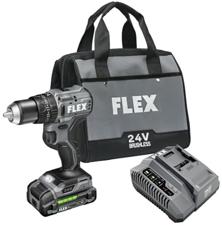 FLEX 24V Brushless Cordless 1/2-Inch 650 In-Lbs Torque 2-Speed Compact Hammer Drill Kit with 2.5Ah Lithium Battery and 160W Fast Charger - FX1231-1A