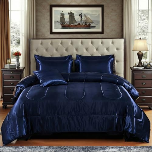 Bedding_Dreamer Satin Comforter Set Queen Size, 8 Piece Bed in a Bag Navy Blue with Sheets, Silky Soft Polyester Satin Bedding Set, Lightweight, 16 Inch Deep Pocket, Luxury Modern Style