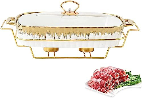 Keramik Chafing Disk Buffet Set, Underglasyr rektangel Buffet Chafers W/Glas Transparent Lock Amp;Chafing Fuel Holder, Winter Food Warming (M)