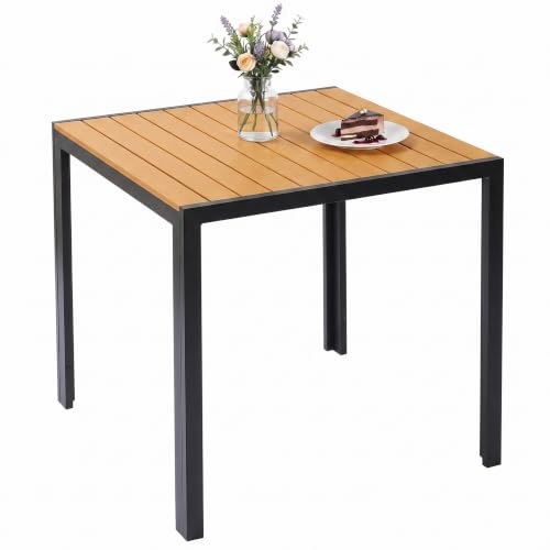 LIFERUN Trädgårdsbord med aluminiumram, 75x75 cm WPC-balkongbord väderbeständigt, Fyrkantigt Utomhusbord för balkong, trädgård, terrasser, pool, Teak | Väderbeständig WPC, aluminiumram, rostfri lätt, för trädgård, balkong, däck