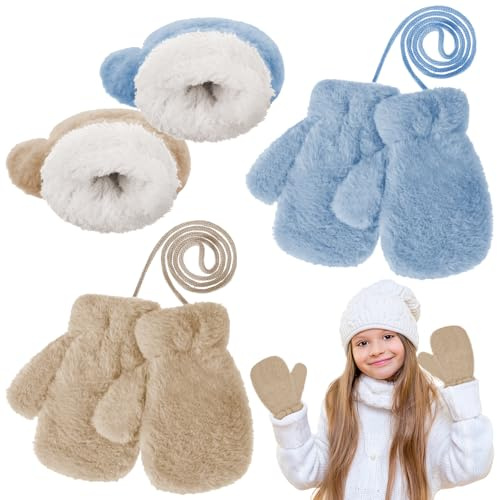 Yimomoyi Moufles Enfant 2 Paires Gants d'Hiver Gants Enfant, Gants d'Enfants, 3 à 7ans Enfants Thermique Mitaines avec Corde, Moufle Epais Enfants Gant Cadeau de Noël (Kaki + Bleu)