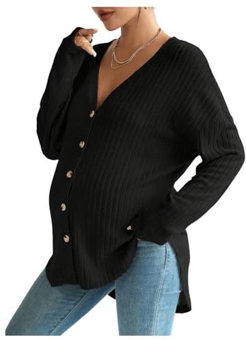 MakeMeChic Women's Maternity Shirts Knit Button Down Nursing Top Fall Maternity Clothes Black Medium