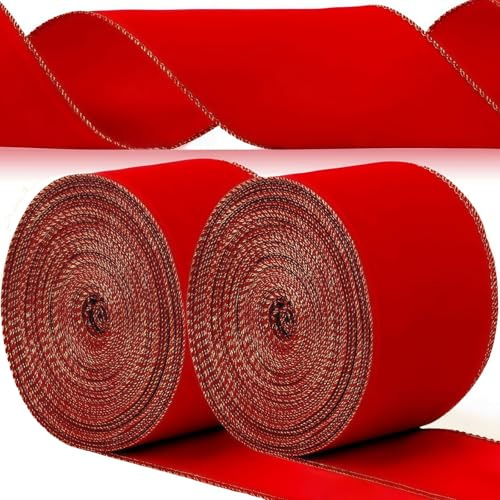 Weihnachts Samtband, Weihnachtsband mit Draht, Vintage-Weihnachtsband, 2PCS 6.3cm*5yard Rotes Samtband mit Goldenem Rand Schleifenbänder mit Drahtkanten Dekobänder Geschenkverpackung Bänder