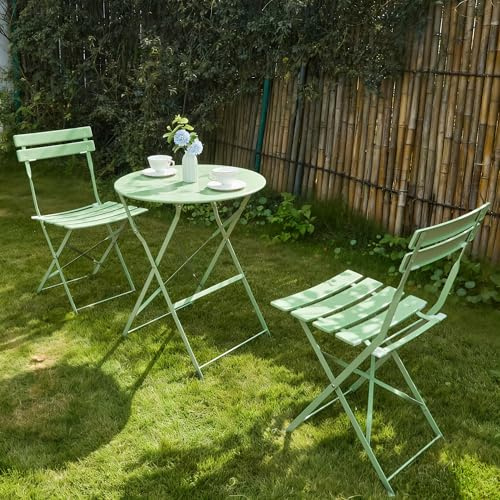 RELAX FIELD Ensemble de mobilier de jardin résistant aux intempéries, ensemble de meubles de balcon 3 pièces pour petit balcon, table de bistrot avec 2 chaises, ensemble de bistrot pliable, Vert