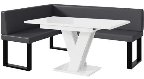 MEBLINI Eckbank für Esszimmer mit ausziehbarem Tisch - Küchenbank - Essecke - Sitzecke Küche - ERIC - U-Beine 128x168x87cm Links - Grau Kunstleder/M Weiß Hochgl.