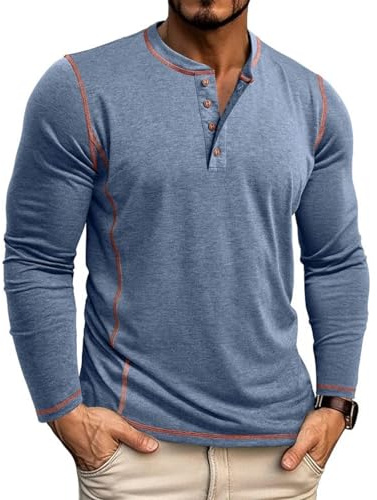 LAOARA Långärmad T-shirt för herr lång bomull Henley T-shirts med polokrage ledig T-shirt M-2XL