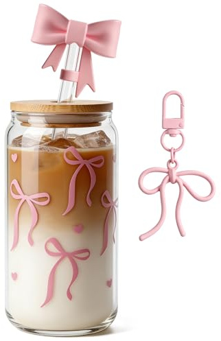Bow Glass Cup 18 OZ with Designs, Pink Bow Cup for Preppy Stuff | Cute Tumbler with Straw Cover & Keychain for Women Teen Girls Iced Coffee, Matcha and Smoothies