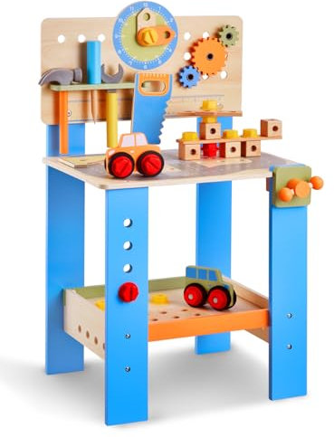 VEVOR Kinder Werkbank, 62-teilig, Holz-Werkzeugbank für Kinder ab 3 Jahren, Spielwerkzeuge Bauwerkzeuge mit realistischen Werkzeugen, Bauspielzeug-Set, kreatives und lehrreiches Konstruktionsspielzeug