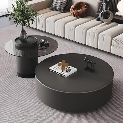 Ensemble De Deux Tables Basses Modernes Simples,Table Basse Ronde En Noyer Massif Avec Table D'appoint Funky Et Plateau En Verre Trempé, Table Basse Circulaires De Luxe Pour Le Salon(Black A)