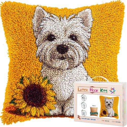FWRTYCB Latch Hook Cushion Kits for Adults Westie Dog Puppy Sunflower White Yellow Rug Cover Pillowcase Kids Beginner DIY Needlework Embroidery Kits Handmade Set Craft Sofa Home Decor 43x43cm,1pcs