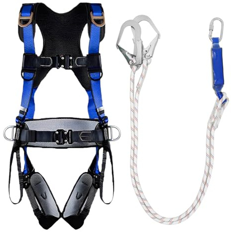 NewDoar Professional Fall Protection Harness, ANSI/OSHA Compliant 5-Point Adjustable Full Body Harness for Roofing Tree Climbing Breathable Lightweight with Alloy Double Hook Safety Lanyard