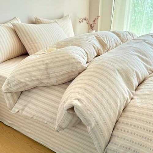 PinkMemory Beige Striped Duvet Cover Set Queen 100% Washed Cotton Beige Wide and Pinstriped Pattern Bedding Duvet Cover Set with Streak Pillowcases-Ultra Soft Breathable Zipper Closure Corner Ties