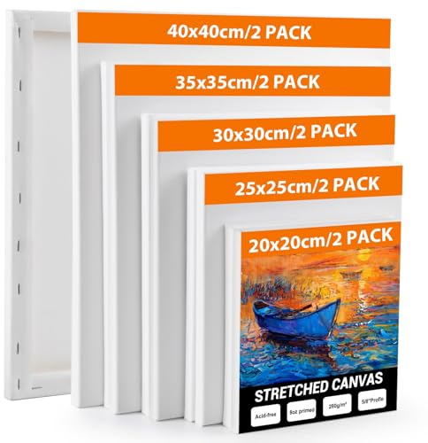 Koncci 10 Pack Stretched Canvas for Painting, 40x40 35x35 30x30 25x25 20x20cm Art Canvases for Painting, Acid-Free/Cotton/Triple Primed/280GSM Blank Canvas Set for Acrylic & Oil Painting