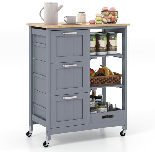 COSTWAY Küchenwagen mit Tablett, Regalen und 3 großen Schubladen, Küchenschrank rollbar, Kücheninsel aus Kautschukholz, Servierwagen 67 x 37 x 83,5 cm (Grau)