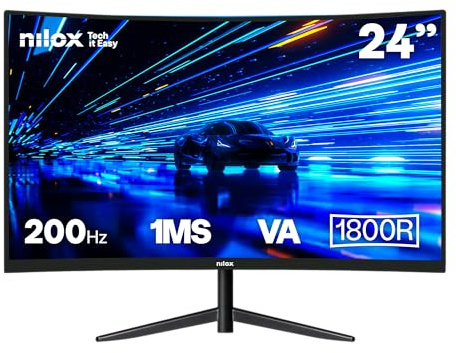 Nilox NXM24CRV2001 Monitor Curvo 24, Full HD, Pantalla Gaming 200Hz, Pantalla Ordenador con Soporte VESA 75x75mm, Tecnología VA, Conexiones HDMI 2.1 y DP 1.4