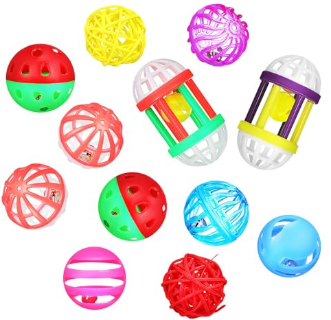GANAZONO Juguetes para Pájaros y Bolas De Alimentación Coloridas Campana, Bolas De Plástico para Masticar y Buscar Comida, Paquete De 12 Piezas Surtidas, Juego para Loros, Periquitos y Aves Pequeñas
