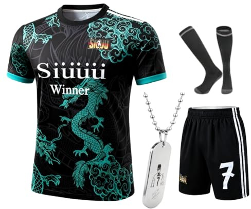 Youth Soccer Uniform Set #7 Complete Kit with Futbol Jersey Shorts Socks Necklace for Kids Boys Girls Team Practice Gear (C.R.Dragon.Green#7, 13-14 Years)