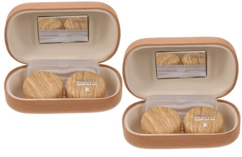 WEKADRIN Boîte De Lentilles Cosmétiques Double 2 Pcs en Plastique Grand Diamètre Revêtement Cuir Marron Clair, Étui De Rangement Anti-Fuite Multifonction pour Voyage Et Usage Quotidien
