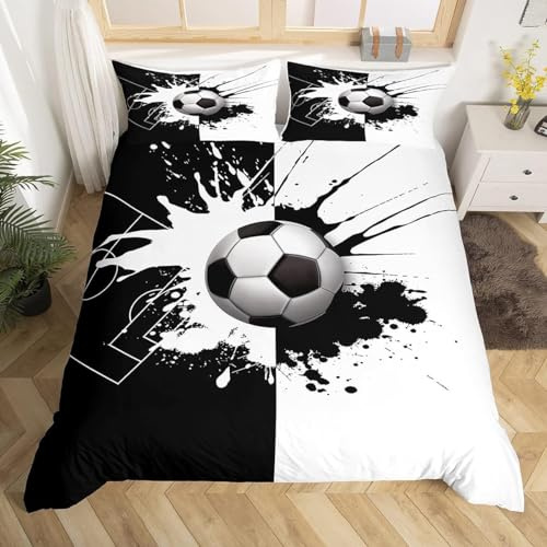 Set Copripiumino Singolo Motivo a Tema Calcio Biancheria da letto Bianco e Nero in Morbida Microfibra 3D Parure Copripiumino 155x200 cm con Cerniera e 2 Federe 50x80 cm H.171