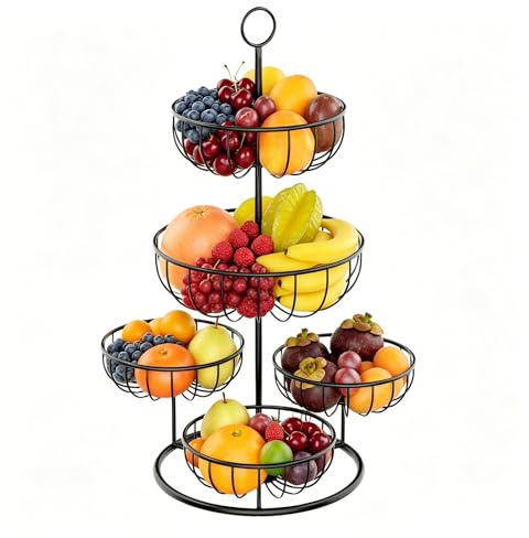 5 Etagen Obstkorb, Obstschale Modern aus Metall, Obstkorb Etagere (Schwarz) | Große Kapazität für Obst, Gemüse, Snacks Lagerung, Servierkorb für Küche, Wohnzimmer, Dekoration