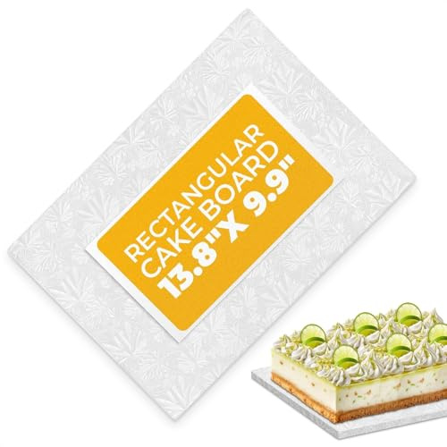 Cake Board Rectangle 13.8 x 9.9x1/2 – Quarter Sheet Cake Drum with Double-Wall Corrugated Design, Grease-Proof Foil, Smooth Wrapped Edges– Elegant White Display for Cakes, Pastries & Desserts