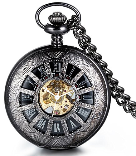 JewelryWe Retro Handaufzug Mechanische Taschenuhr Vintage Blumenmuster Römische Ziffern Uhr Taschenuhren mit Kette und Geschenkbox, Schwarz/Silber