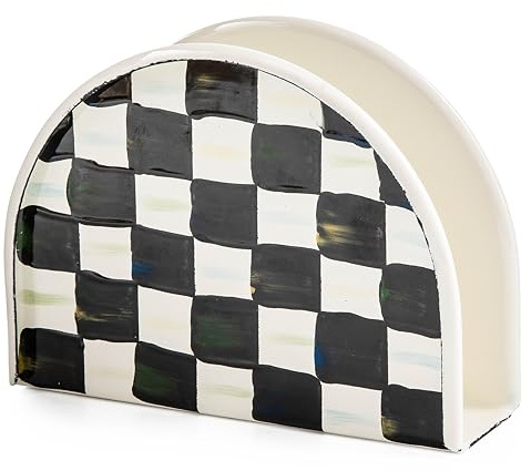 MACKENZIE-CHILDS Enamel Napkin Holder, Checkered Kitchen Napkin Holder for Table and Countertop, Black-and-White Courtly Check