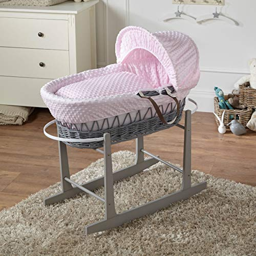 For Your Little One FYLO Pink Dimple Grey Wicker Moses Basket with Grey Rocking Stand