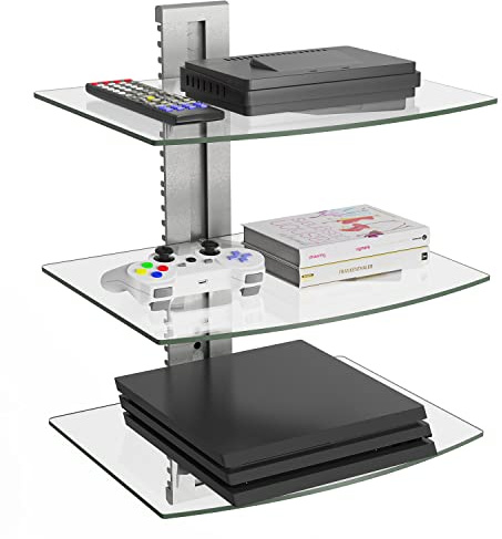 WALI CS303S Wandregal mit transparentem gehärtetem Glas für DVD-Player, Kabelboxen, Spielekonsolen, TV-Zubehör, 3 Ablagen, silberfarben