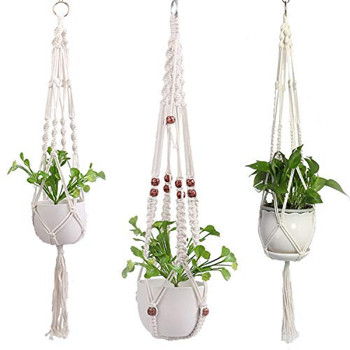 3X Set Premium Makramee Blumenampel 90cm Innen Außen Garten Blumentopf Halter Macrame Hängepflanzen Topf Balkondekoration Lounge Deco Blumen Ampel Balkon Wandbehang Boho Pflanzenhänger Pflanzenampel