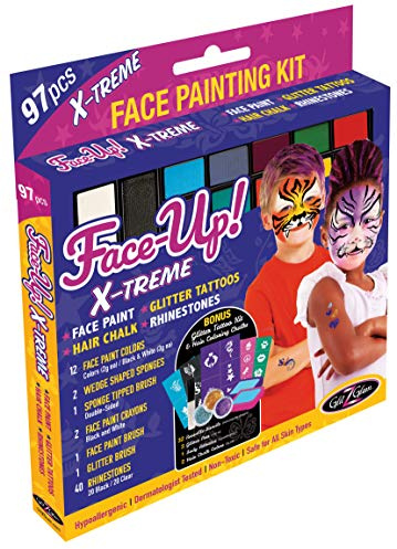 Original XL Gesichtsbemalungsset - FACE-UP: 97 Stück, 3 Zoll: Gesichtsbemalung, Glitzertattoos, Strasssteine ​​und Haarkreide. Hypoallergen & Dermatologe-getestet (Face Up X-Treme)