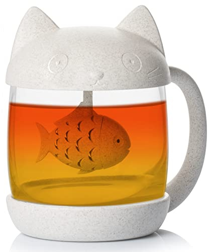 COBB INDUSTRIES® - Mister Le Chat CI0020 - Mug Tasse à thé en verre en forme de chat avec filtre à infusion en forme de poisson 250ML