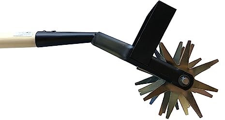 Cultivador de jardín con ruedas para aflojar el suelo para aflojar migas y preparar semillas, fresadora con 4 estrellas y mango largo de madera de pino, 180 cm