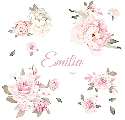 Little Deco Wandaufkleber Rosen & Wunschname I Wandbild 109 x 54 cm (BxH) I Wandtattoo Kinderzimmer Babyzimmer Wandsticker Mädchenzimmer Blumen Aufkleber DL752