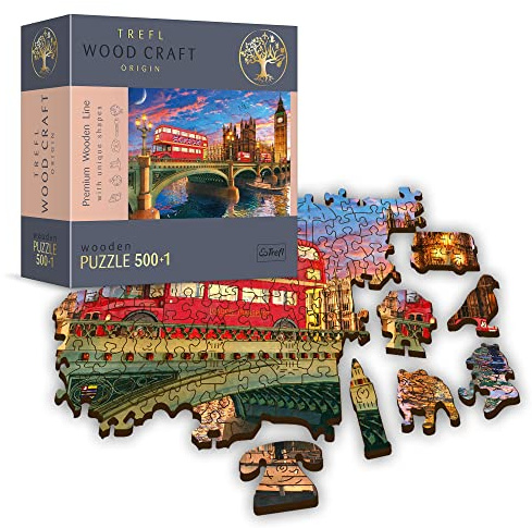 Trefl - Holzpuzzle, Palace of Westminster, Big Ben, London - 500+1 Teile, Wood Craft, unregelmäßige Formen, 50 Figuren englischer Monumente und Symbole, für Erwachsene, holzpuzzle Erwachsene