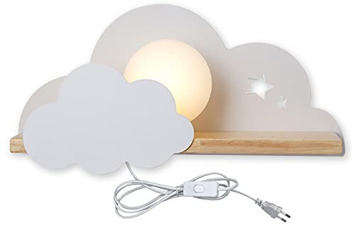 Kinderzimmer Wandleuchte mit Schalter und Stecker E27 Weiß Kinder Nachtlampe Kreative Wolkenform Holz Innen Wandlampe Rund Lampenschirm Deko Wandbeleuchtung Madchen Junge Schlafzimmer Wandspot Lampe