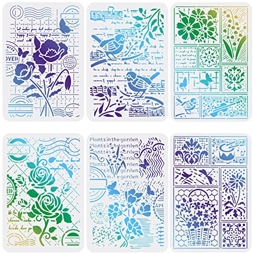 FINGERINSPIRE 6 STÜCK Blumenschablonen Vorlage 29,7x21cm Vögel Zeichnung Malerei Schablonen Blumenstempel, Schmetterling Singvogel Musterschablonen zum Malen auf Holz, Boden, Wand und Fliesen