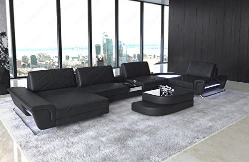 Ledersofa Ferrara als U-Form Wohnlandschaft mit USB Beleuchtung Sofa mit Kopfstützen Designersofa Couch (Ottomane Links, Black)