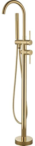 YAGATAP Freestanding Floor-Mounted Bathtub Faucet High-Flow Polished Gold Shower Faucet with Hand Shower Mixer Swivel Spout.