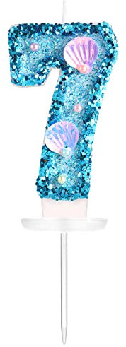 KINBOM 7,5cm Geburtstag Nummer Kerzen, Glitzer Zahlenkerze Blau Kuchenzahlenkerzen Muschel Pailletten Zahlenkerzen für torte Geburtstag Jubiläum Meerjungfrauen-Mottoparty (Zahl 7)