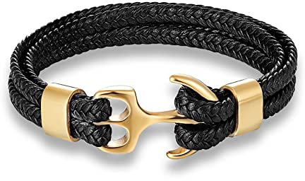 Bysonglezai Armband Herren Armbänder Armreif Damen Männer Geschenk Männer Anker Armband Gewebte Mehrschichtige Lederarmbänder Für Frauen Schwarz Sportschnalle Goldschwarz