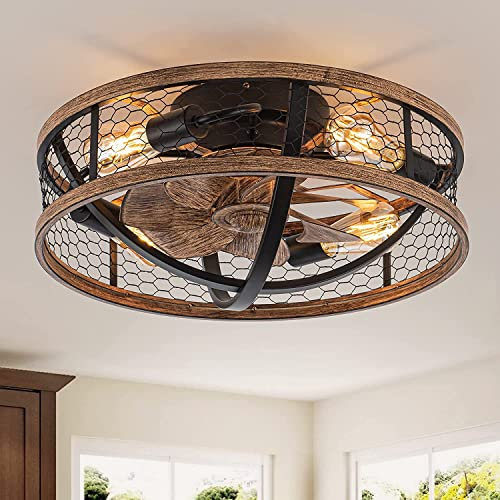 Ventilatori Da Soffitto Silenziosa Con Illuminazione e Telecomando Plafoniera Gabbia in Retrò Fan Ceiling light industrial Vintage Ventilatore da Soffitto con Luce (E 50 * 50 * 20cm E27)